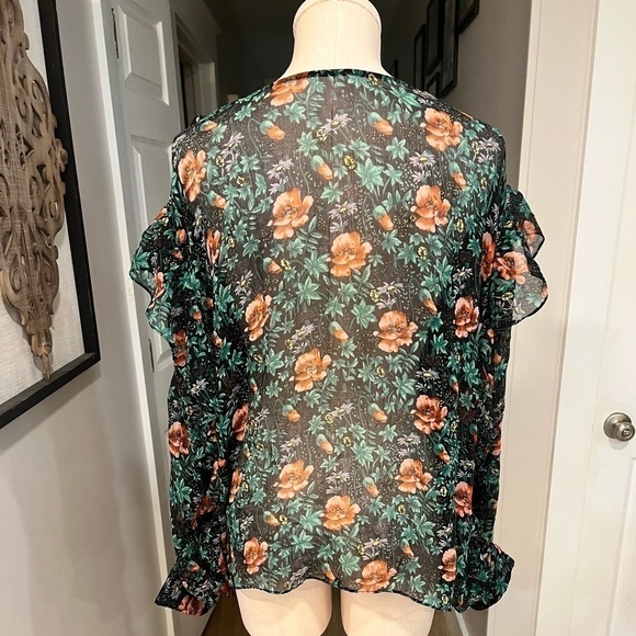 THE KOOPLES asymmetrical ruffle trimmed poppie field semi sheer blouse - Picture 11 of 16